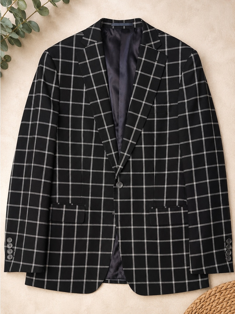 Tallia Men’s Black Windowpane Sport Coat Blazer 44R Modern Fit One Button Preppy